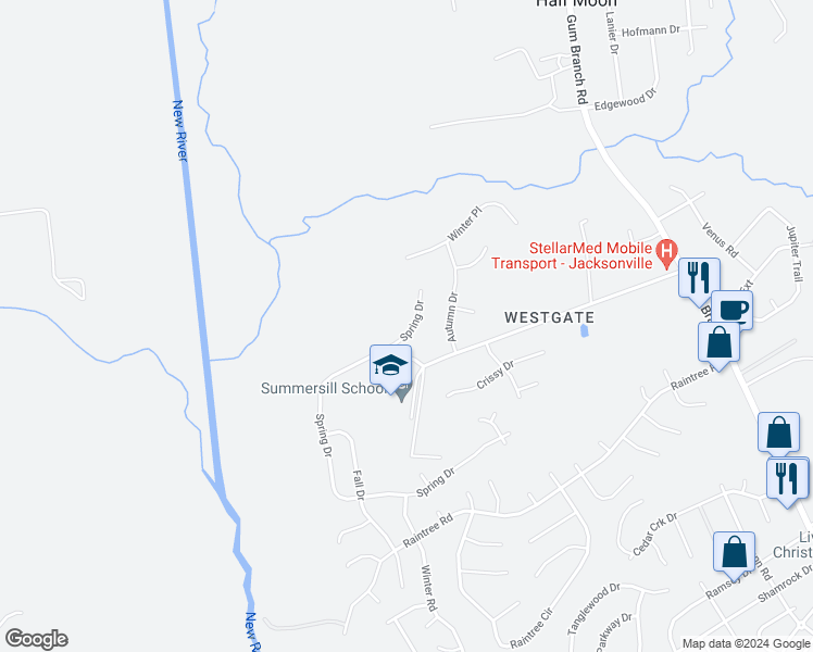 map of restaurants, bars, coffee shops, grocery stores, and more near 114 Spring Drive in Jacksonville