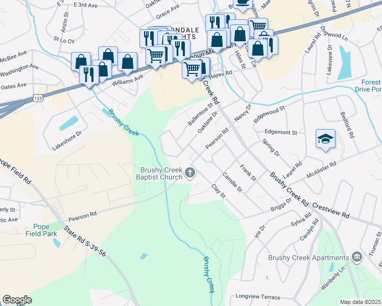 map of restaurants, bars, coffee shops, grocery stores, and more near 460 Pearson Road in Easley