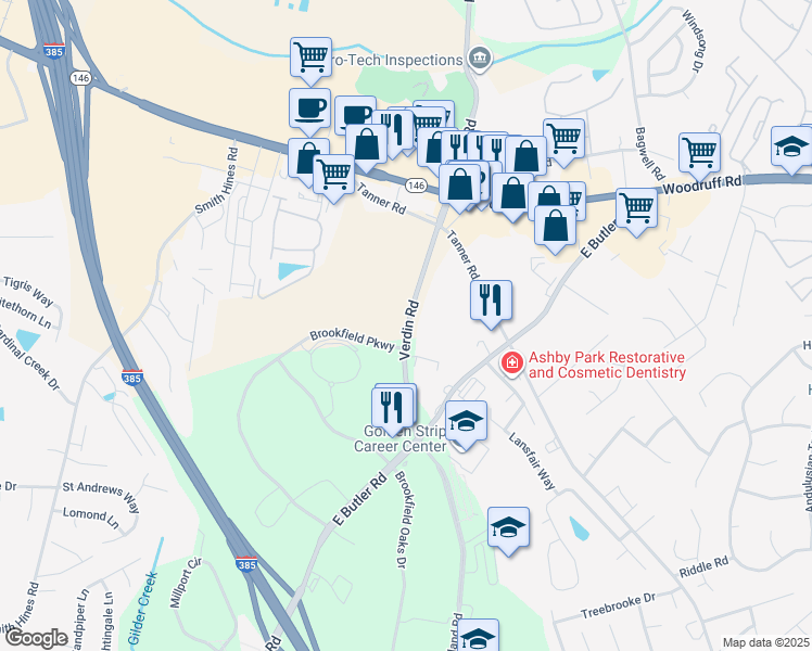 map of restaurants, bars, coffee shops, grocery stores, and more near 150 Verdin Road in Greenville
