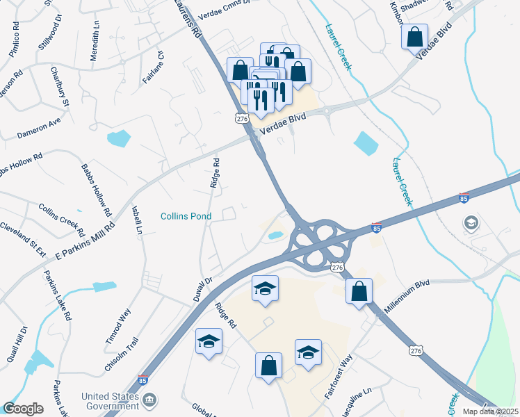 map of restaurants, bars, coffee shops, grocery stores, and more near 2756 Laurens Road in Greenville