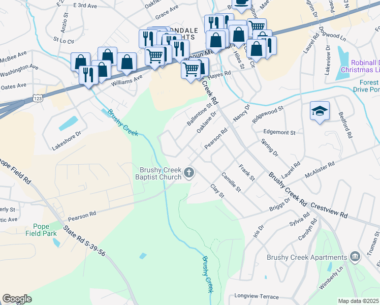 map of restaurants, bars, coffee shops, grocery stores, and more near 460 Pearson Road in Easley