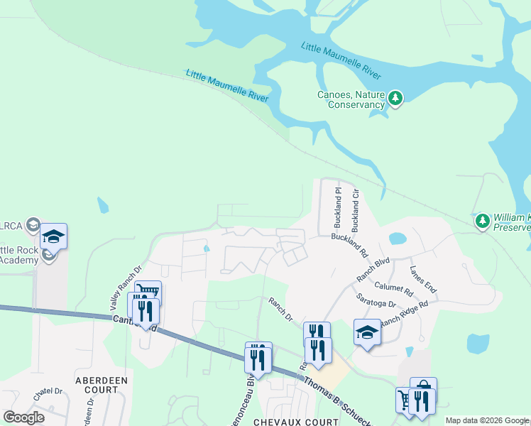 map of restaurants, bars, coffee shops, grocery stores, and more near 29 Farrah Lane in Little Rock