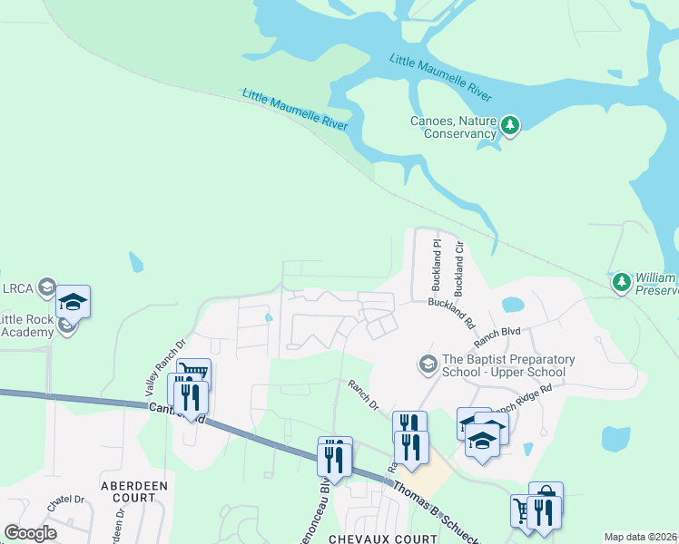map of restaurants, bars, coffee shops, grocery stores, and more near 29 Farrah Lane in Little Rock
