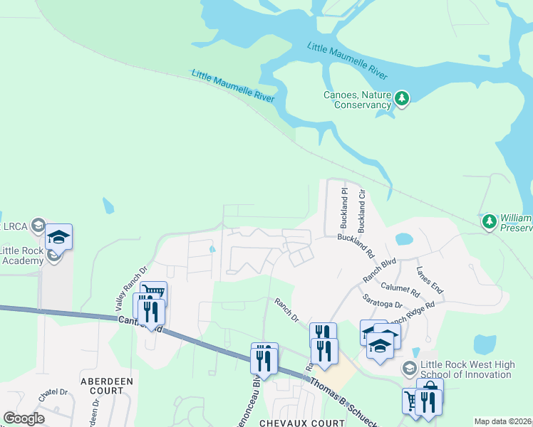 map of restaurants, bars, coffee shops, grocery stores, and more near 29 Farrah Lane in Little Rock