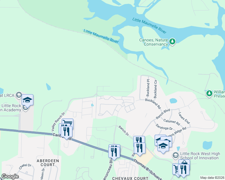 map of restaurants, bars, coffee shops, grocery stores, and more near 30 Ayla Drive in Little Rock