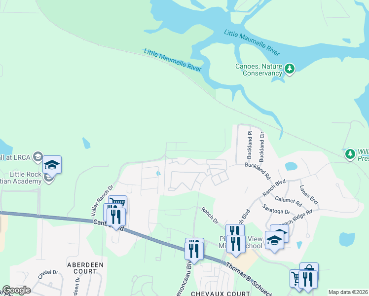 map of restaurants, bars, coffee shops, grocery stores, and more near 30 Ayla Drive in Little Rock