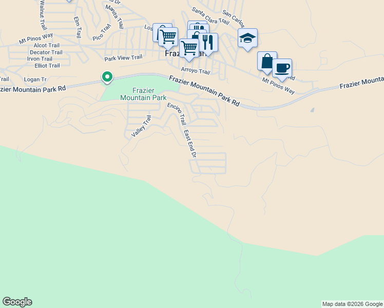 map of restaurants, bars, coffee shops, grocery stores, and more near 209 East End Drive in Frazier Park