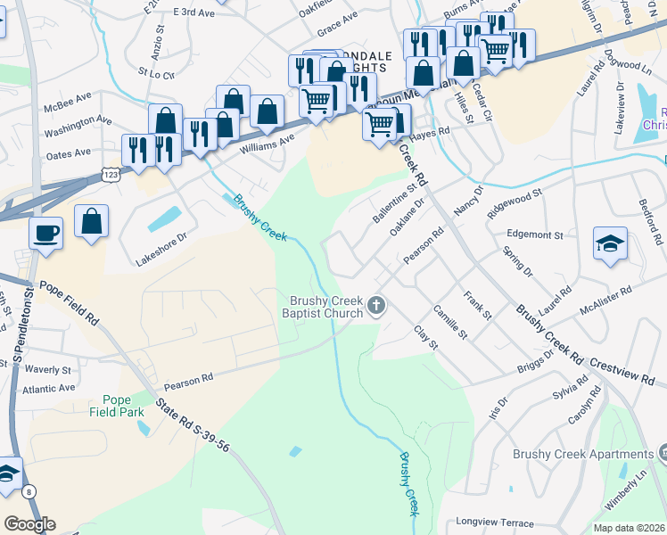 map of restaurants, bars, coffee shops, grocery stores, and more near 215 Brookview Circle in Easley