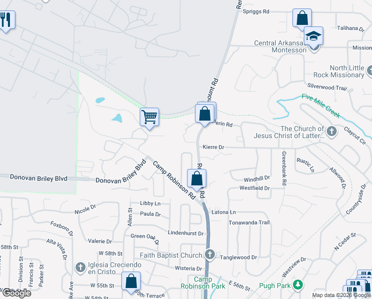 map of restaurants, bars, coffee shops, grocery stores, and more near 42 Oakview Drive in North Little Rock