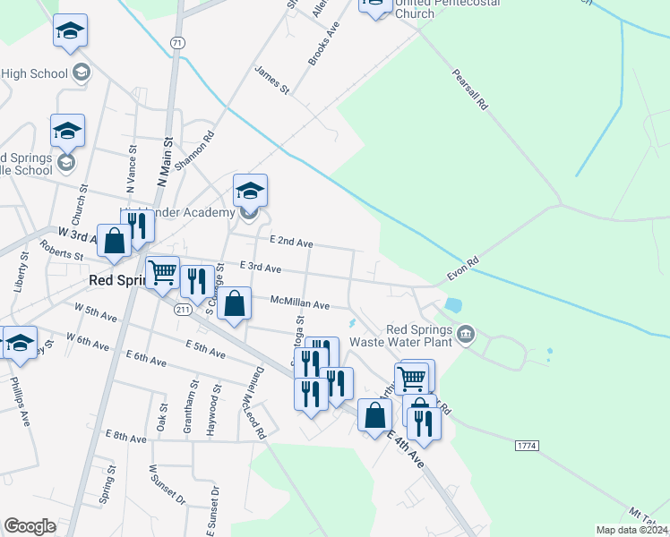 map of restaurants, bars, coffee shops, grocery stores, and more near 515 East 3rd Avenue in Red Springs