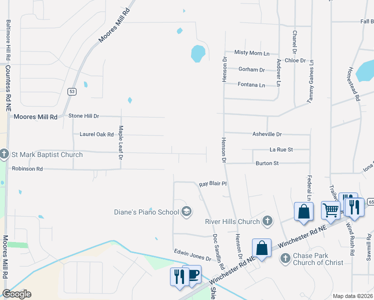 map of restaurants, bars, coffee shops, grocery stores, and more near 189 Oakcrest Road in Huntsville