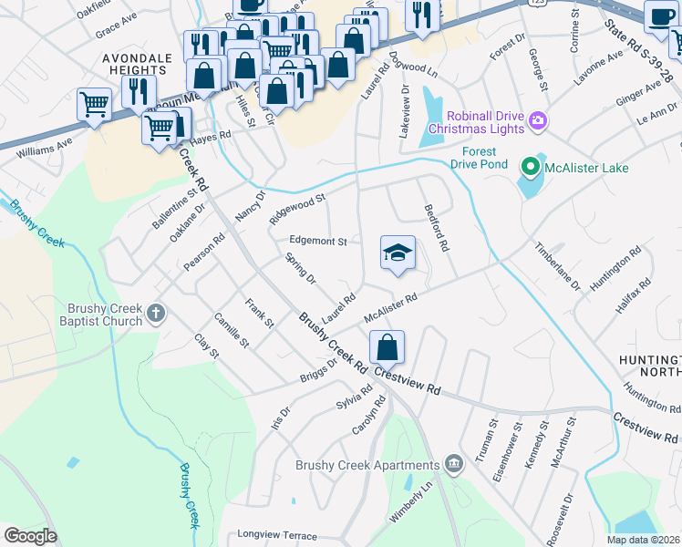 map of restaurants, bars, coffee shops, grocery stores, and more near 201 Laurel Road in Easley