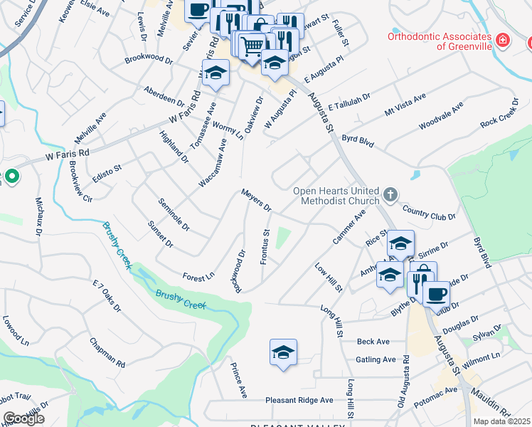 map of restaurants, bars, coffee shops, grocery stores, and more near 318 Meyers Drive in Greenville