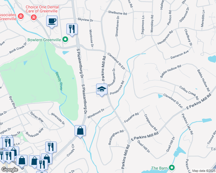 map of restaurants, bars, coffee shops, grocery stores, and more near 165 Stonehaven Drive in Greenville