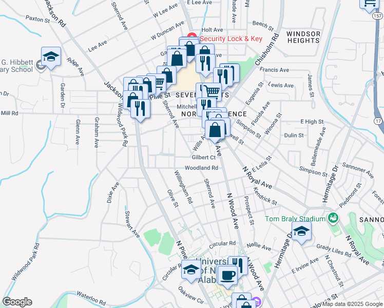 map of restaurants, bars, coffee shops, grocery stores, and more near 1100 Sherrod Avenue in Florence