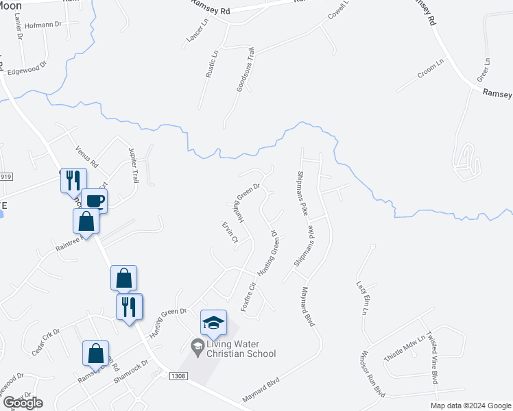 map of restaurants, bars, coffee shops, grocery stores, and more near 439 Hunting Green Drive in Jacksonville