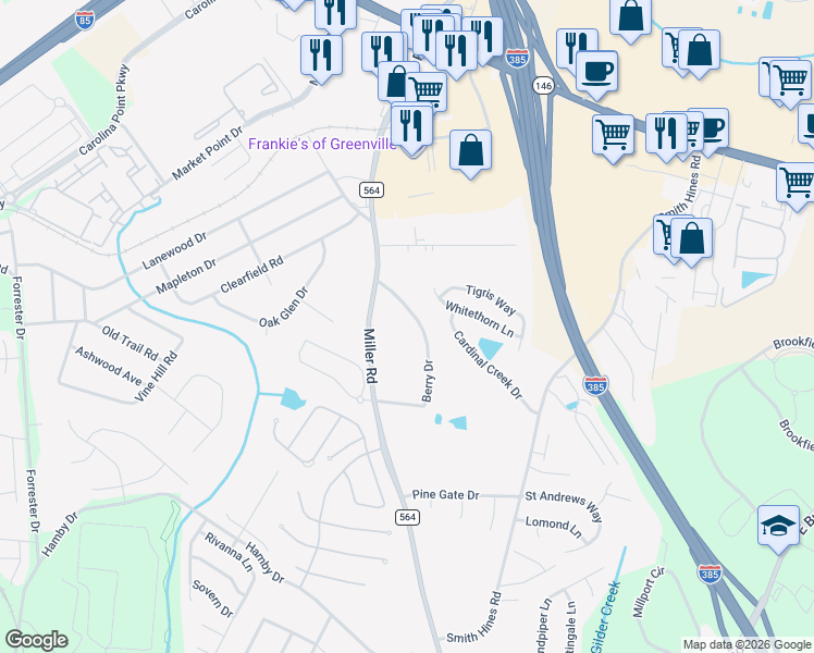 map of restaurants, bars, coffee shops, grocery stores, and more near 124 Berry Drive in Greenville