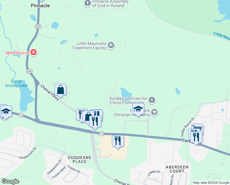 map of restaurants, bars, coffee shops, grocery stores, and more near 6400 The Divide Parkway in Little Rock