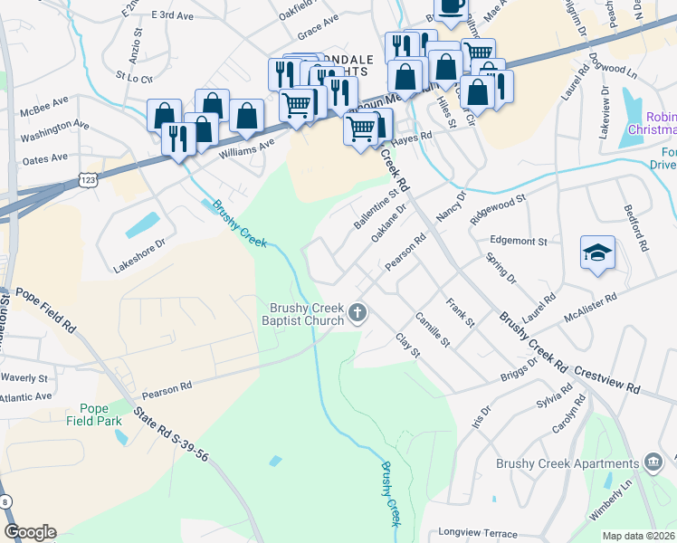 map of restaurants, bars, coffee shops, grocery stores, and more near 460 Pearson Road in Easley