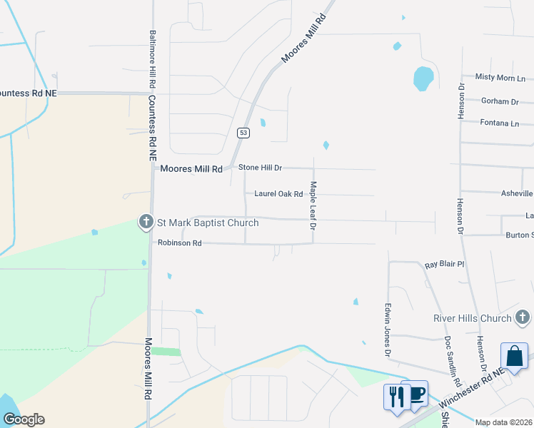 map of restaurants, bars, coffee shops, grocery stores, and more near 106 Laurel Oak Road in Huntsville