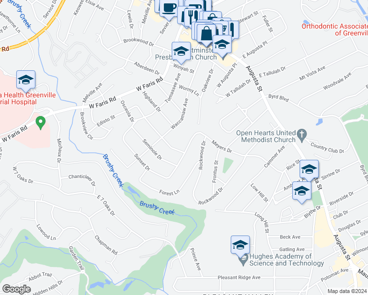 map of restaurants, bars, coffee shops, grocery stores, and more near 123 Meyers Drive in Greenville