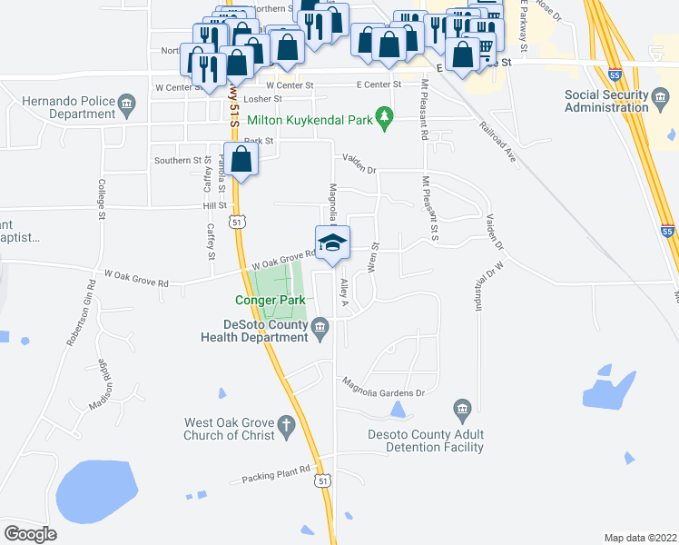 map of restaurants, bars, coffee shops, grocery stores, and more near 3032 Magnolia Drive in Hernando
