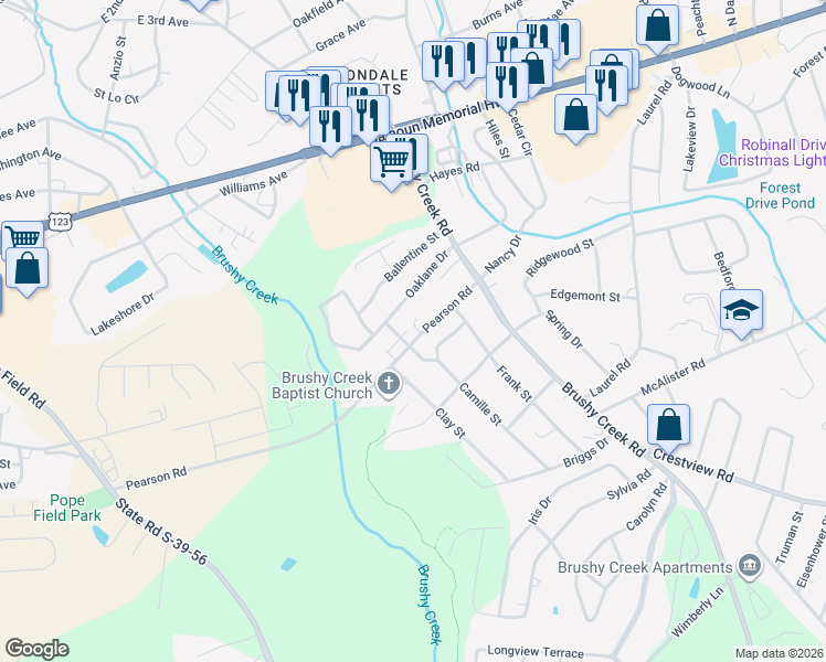 map of restaurants, bars, coffee shops, grocery stores, and more near 113 Oaklane Drive in Easley