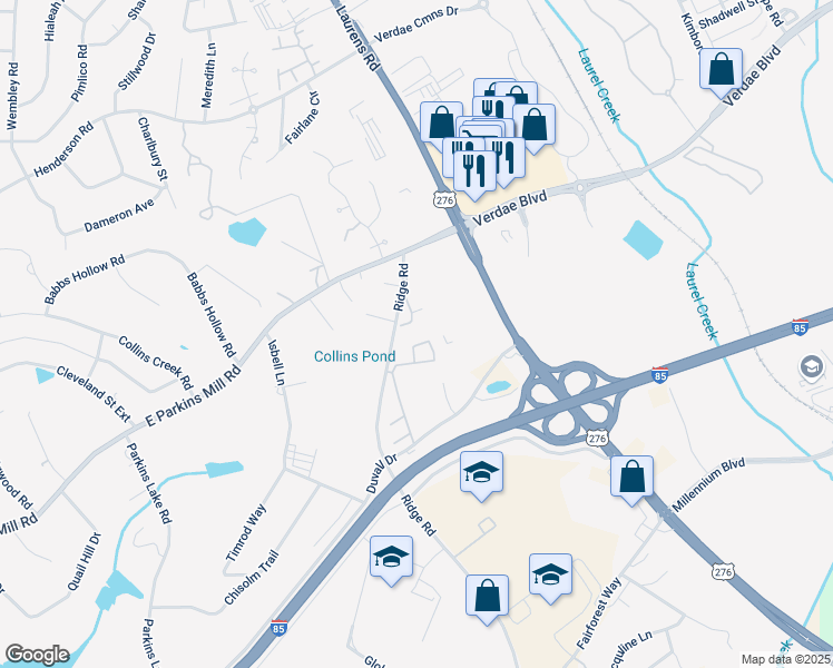 map of restaurants, bars, coffee shops, grocery stores, and more near 101 Ridge Road in Greenville