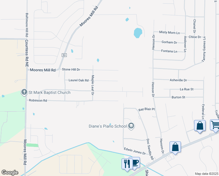 map of restaurants, bars, coffee shops, grocery stores, and more near 134 Laurel Oak Road in Huntsville