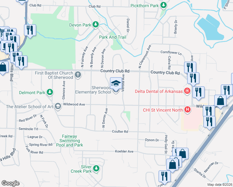 map of restaurants, bars, coffee shops, grocery stores, and more near 307 Verona Avenue in Sherwood