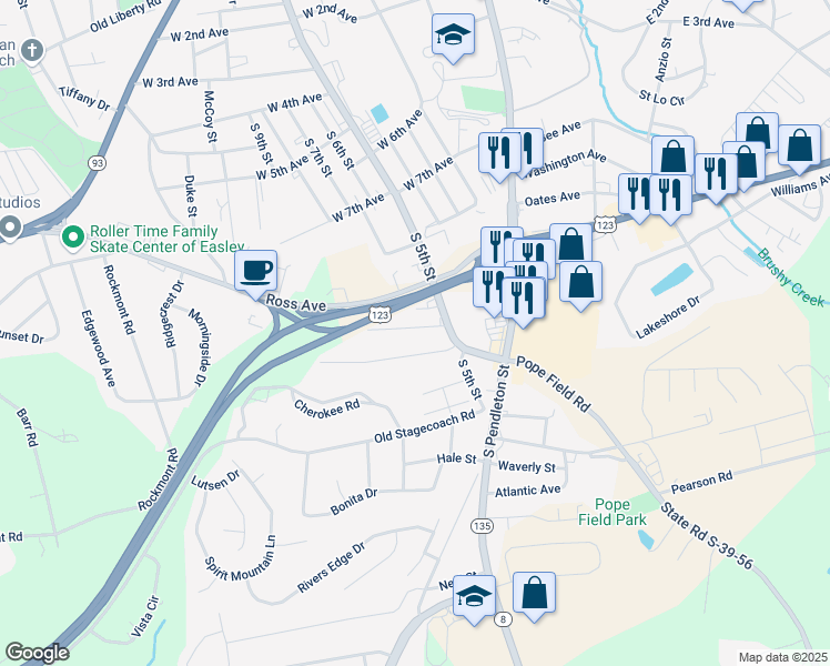 map of restaurants, bars, coffee shops, grocery stores, and more near 109 Welborn Circle in Easley