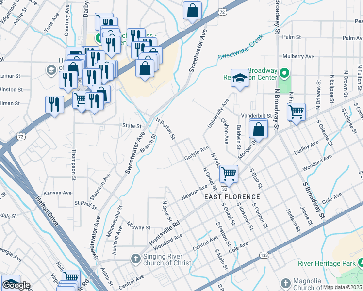 map of restaurants, bars, coffee shops, grocery stores, and more near 522 North Patton Street in Florence