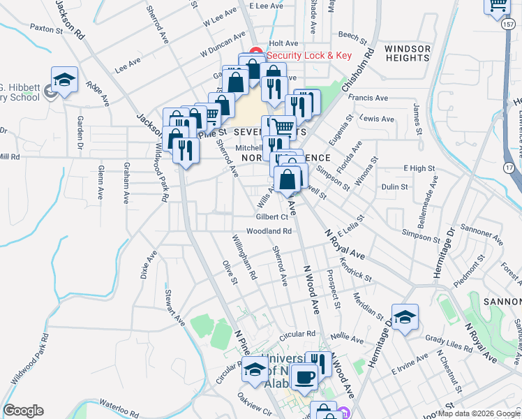 map of restaurants, bars, coffee shops, grocery stores, and more near 1100-1140 Sherrod Ave in Florence