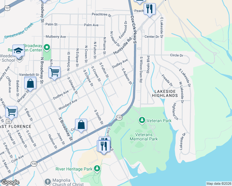 map of restaurants, bars, coffee shops, grocery stores, and more near 298 South Fulton Street in Florence