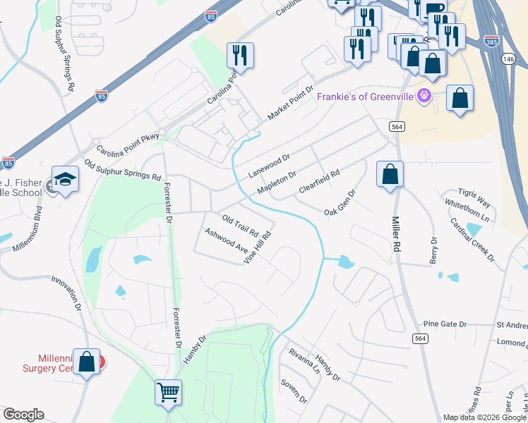 map of restaurants, bars, coffee shops, grocery stores, and more near 135 Mapleton Drive in Greenville