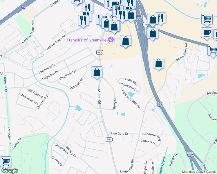 map of restaurants, bars, coffee shops, grocery stores, and more near 121 Berry Drive in Greenville