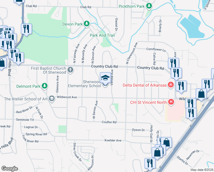 map of restaurants, bars, coffee shops, grocery stores, and more near 307 Verona Avenue in Sherwood