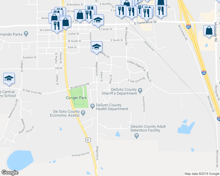 map of restaurants, bars, coffee shops, grocery stores, and more near 3002 Wren Street in Hernando
