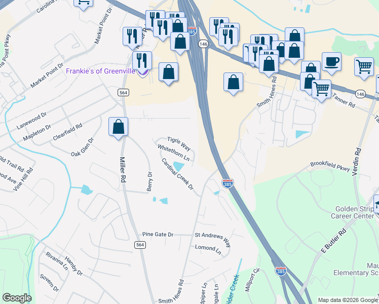 map of restaurants, bars, coffee shops, grocery stores, and more near 35 Tigris Way in Greenville