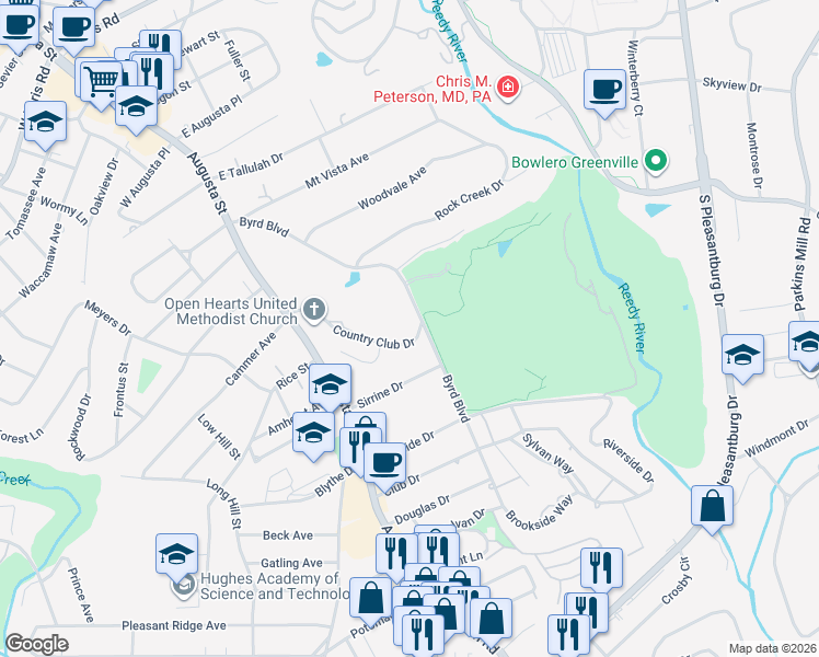 map of restaurants, bars, coffee shops, grocery stores, and more near 242 Byrd Boulevard in Greenville