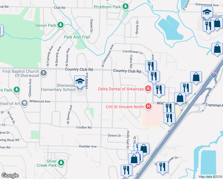 map of restaurants, bars, coffee shops, grocery stores, and more near 206 South Longfield Avenue in Sherwood