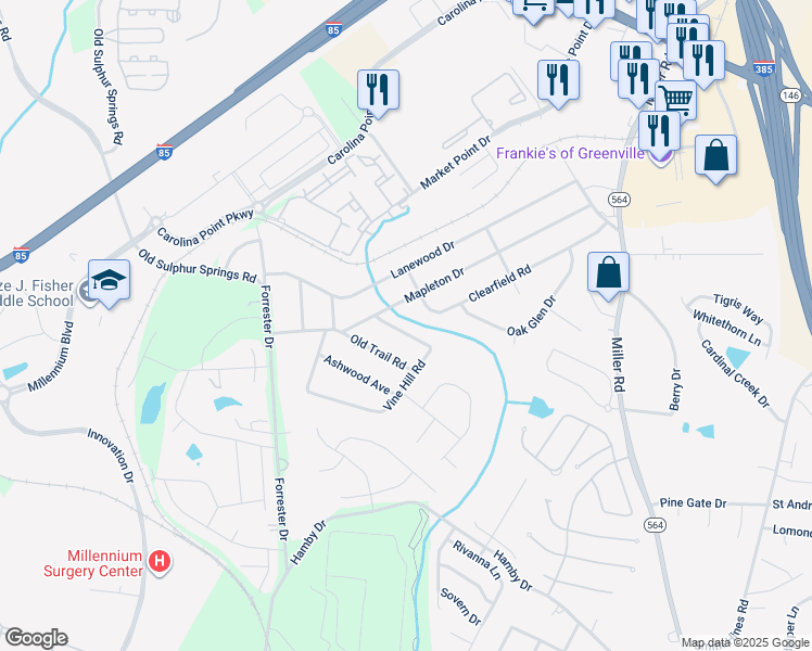 map of restaurants, bars, coffee shops, grocery stores, and more near 316 Vine Hill Road in Greenville