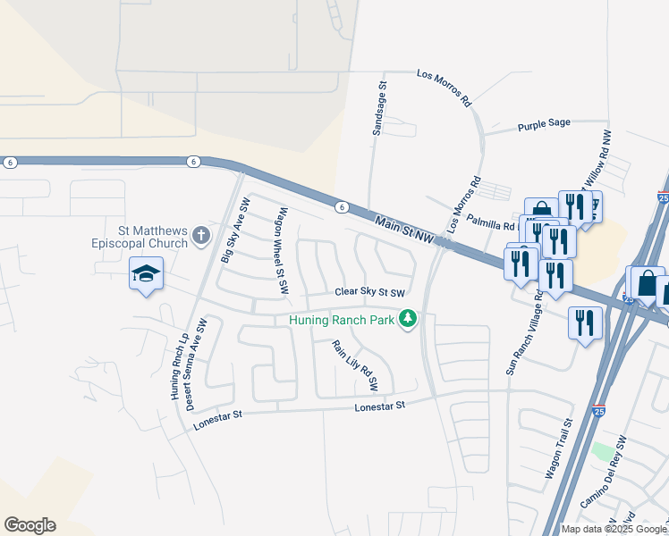 map of restaurants, bars, coffee shops, grocery stores, and more near 275 Black Hat Avenue Southwest in Los Lunas