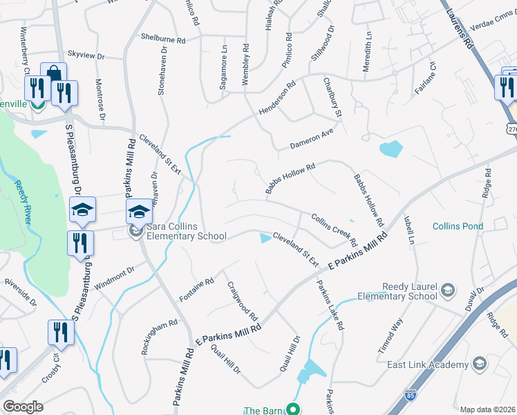 map of restaurants, bars, coffee shops, grocery stores, and more near 205 Collins Creek Road in Greenville
