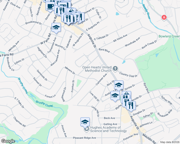 map of restaurants, bars, coffee shops, grocery stores, and more near 36 Rockwood Drive in Greenville