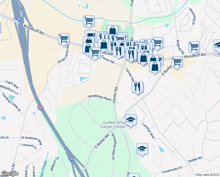 map of restaurants, bars, coffee shops, grocery stores, and more near 733 Brookfield Parkway in Greenville