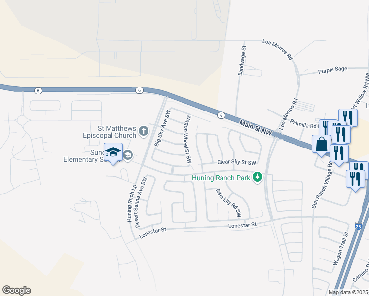 map of restaurants, bars, coffee shops, grocery stores, and more near 301 Open Range Avenue Southwest in Los Lunas