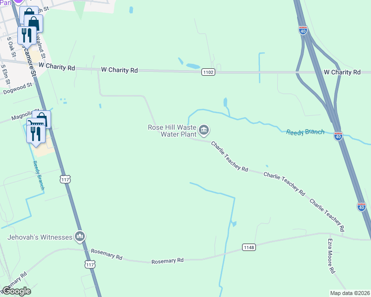 map of restaurants, bars, coffee shops, grocery stores, and more near 272 Charlie Teachey Road in Rose Hill