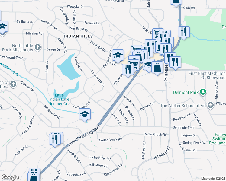 map of restaurants, bars, coffee shops, grocery stores, and more near 2112 Osage Drive in North Little Rock