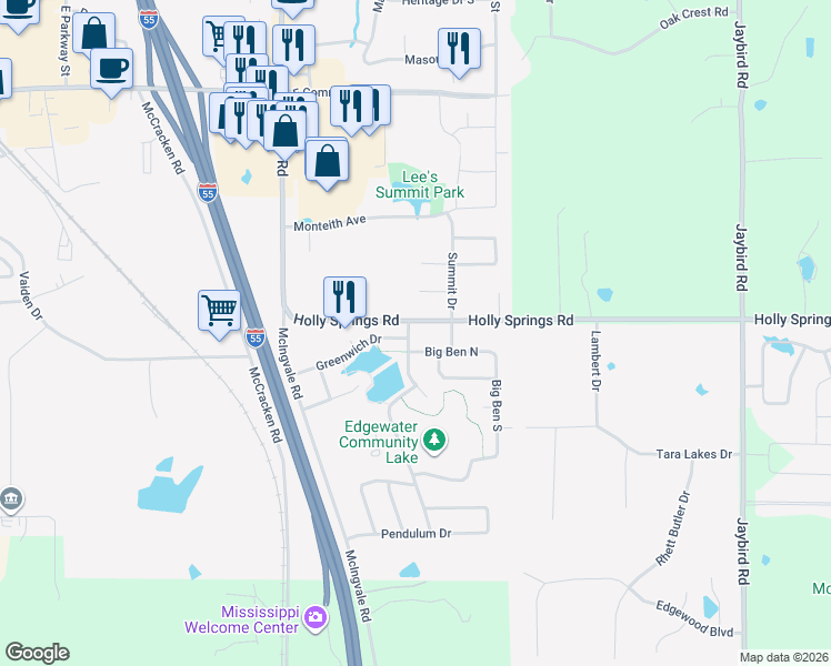 map of restaurants, bars, coffee shops, grocery stores, and more near 1276 Holly Springs Road in Hernando